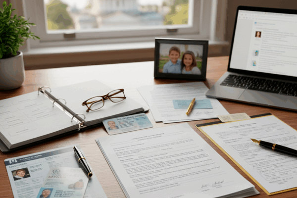 Desk with Maryland divorce documents including legal forms, financial binder, driver's license, and a framed photo of children, set against a blurry backdrop of the Annapolis State House dome.