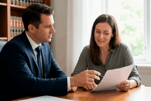 Child custody lawyer in Crofton, MD, reviewing legal documents with a client during a compassionate consultation