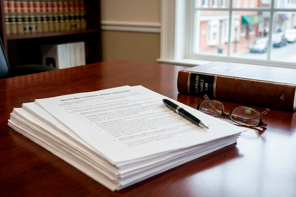 A stack of Maryland custodial parent agreement papers on a wooden desk with a law book and glasses, representing child custody legal definitions in Annapolis