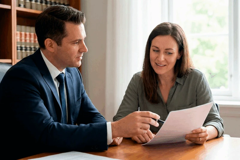 Child custody lawyer in Crofton, MD, reviewing legal documents with a client during a compassionate consultation